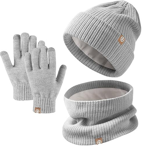 Enwokran 3 Stück Kinder Wintermützen Handschuhe Schal Set Beanie Mütze Warme Gestrickte Touchscreen-Handschuhe Loop WinterSchlauchschal für Jungen Mädchen 5-12 Jahre Outdoor Aktivitäten (Grau)