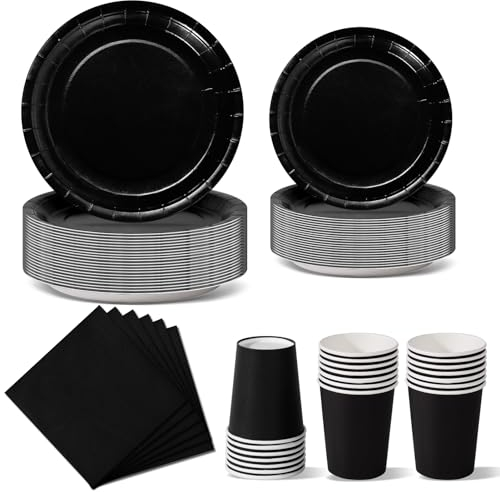Nkaiso 96 Piezas Negro Vajilla Fiesta Cumpleaños, Platos y Vaso Cumpleaños Infantil, Set de Party Decoración Platos Desechable Servilletas para Navidad, Barbacoas, Fiestas -24 Invitado