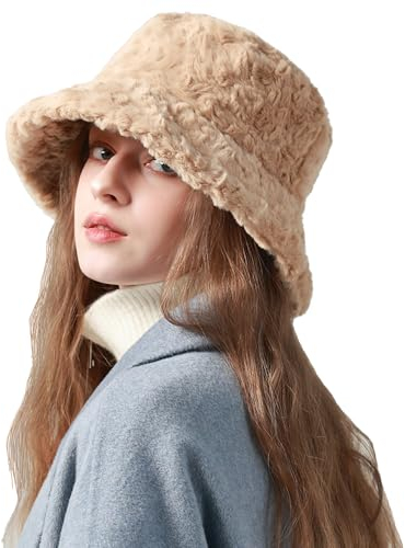 Laxier Damen Winter Fuzzy Faux Fur Bucket Hat Slouchy Warmer Fisherman Hüte für Frauen Weiche Flauschige Warme Kappe, 3188 - Braun, Einheitsgröße
