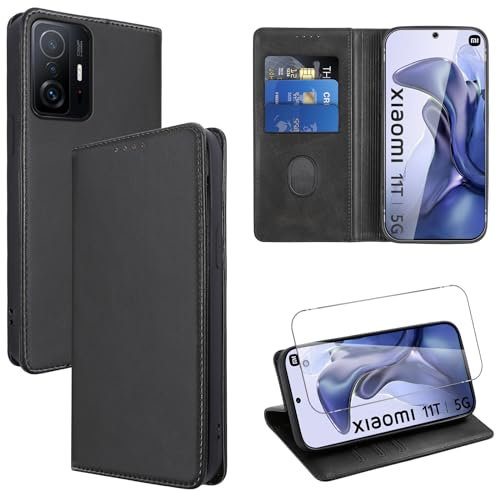 Vauki Cover per Xiaomi 11T/Xiaomi 11T Pro 5G con 1 Vetro Temperato Custodia in Pelle PU Slot Schede Flip TPU Silicone Case Supporto Stand Magnetica Antiurto Caso Xiaomi 11T 5G 6.67, Nero