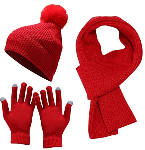 Damen Schal Mütze Handschuhe Set Wintermütze Loop Schal Handschuhe Mütze Schal und Handschuh Set Winter Warm Set Wintermütze Schal Handschuhe Set Loop Schal Rutschfeste Handschuhe für Ski 3-in-1 W