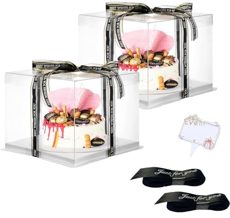 Vebetter 2Pz tortenbox transparent, 26*26*24 Cake Boxes Tortenbox Durchsichtige Geschenkbox Tortenschachtel Transportbox Torte Geschenkbox Durchsichtig mit Sockel und Band für Geburtstag Dessert,Weiß
