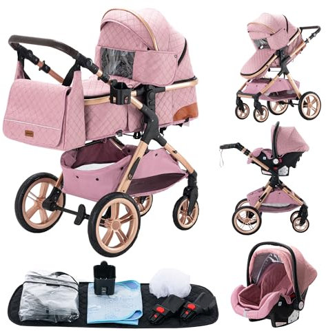 YAZOCO Passeggino 3 in 1 Carrozzina Multifunzionale Carrozzina Ovetto Pieghevole Set Passeggino Neonato Sedili Parapiedi Zanzariere Vista Dall'Alto (5 Rosa)