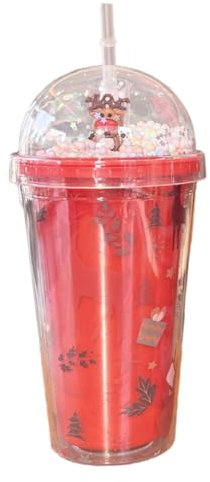 Christmas Tumbler Glitter Cup with Straw and Lid, Double Wall Tumbler Drinking Cup, Reusable Water Cups, Coffee Mug Santa Drinkware Cup, for Christmas Party Girls Boys Gift Table Decoration (Red B)