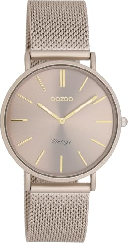 Oozoo Vintage Damen Uhr Taupe/Gold | Armbanduhr Damen mit Mesharmband | Moderne Uhr für Frauen | Edle Analog Damenuhr in rund C20337 (36mm Gehäuse)