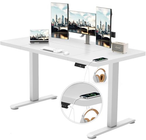 TRIUMPHKEY Escritorio Elevable Regulable en Altura 140x70cm, Toma USB Control de 3 Memorias,Grande Mesa Elevable con Anticolisión, Escritorio de Ordenador Blanco