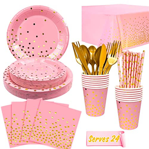 Pink and Gold Party Supplies, Serves 24 Pink Gold Party Tableware Set - Pink and Gold Paper Plates Cups Napkins Tablecloth etc Pink Party Tableware for Graduation, Wedding, Birthday, Holiday