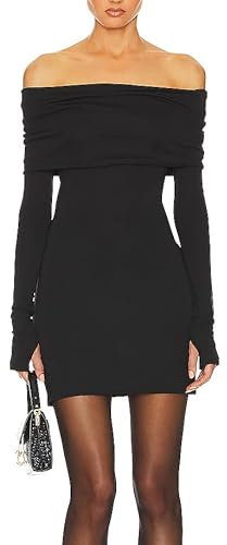 JLCNCUE Womens Off The Shoulder Long Sleeves Bodycon Mini Dress Elegant Ribbed Knit Club Party Short Fitted Dresses 347, Black, S