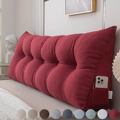 Rückenkissen Bett 80cm Rot, Leinen Rückenlehne Kissen, Keilkissen Bett kopfteil, Waschbar Abnehmbar Lesekissen für Bett und Sofa, Rückenstützkissen Lendenkissen mit Seitentasche
