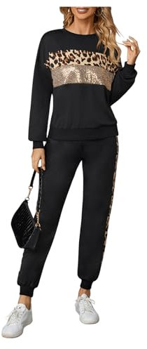 GORGLITTER Damen Zweiteiler Set mit Sweatshirt und Jogginghose mit Leoprint und Pailletten Freizeitanzug Sportanzug für Herbst Winter Trainninganzug Schwarz S