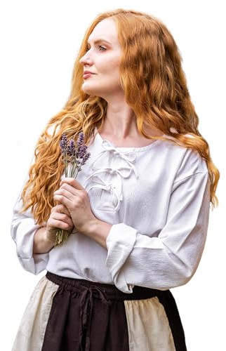 Leonardo Carbone® Damen Bluse Tilda | Schnürung Vorderseite | Mittelalter Design | Karneval, Halloween, Cosplay, LARP, Tunika, Hemd, Oberteil, Kostüm | 100% Baumwolle Weiß 3XL