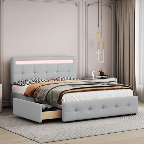 Wyibwy Gepolstertes Bett 140 x 200 cm, Doppelbett mit LED und 4 Schubladen, multifunktionales Bett mit Lattenrost und Lattenrost auf Rollen, Oberfläche aus Leinen, geeignet für Jugendliche und Gäste,