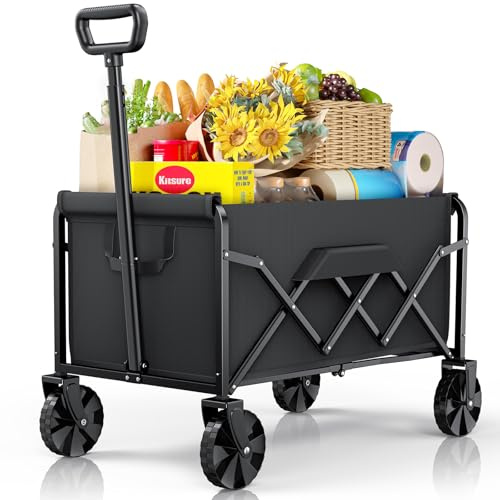 klein Kitsure Bollerwagen Faltbar – Handwagen mit Hartplastikrädern, 71,1 x 43,2 x 90,2 cm Transportkarre für Einkäufe, Garten, Camping, Sport & Angeln, Schwarz