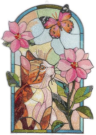 Ideen mit Herz Diamond-Painting-Fensterbild | Glaskunst-Optik | Dekoration & DIY | Material: PET (Katze mit Blume)