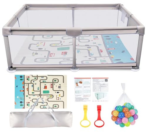 Laufstall Baby mit Spielmatte, 180x200 cm, Laufgitter Baby 300D Oxford Gewebe, Große Sicherheitsspielplatz, Innen&Außen Laufstall, für Krabbeln & Spielen