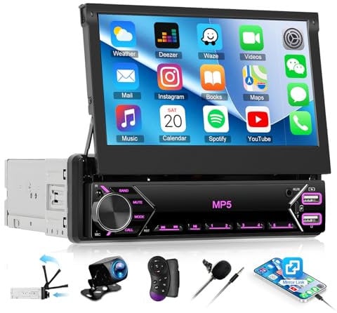 SIXTOP 1 din Autoradio mit 7 Zoll versenkbarem Bildschirm, Single Din Radio Autoradio mit Wired Mirrorlink,Bluetooth Freisprecheinrichtung FM Type-C 2USB AUX EQ MIC SWC+Rückfahrkamera