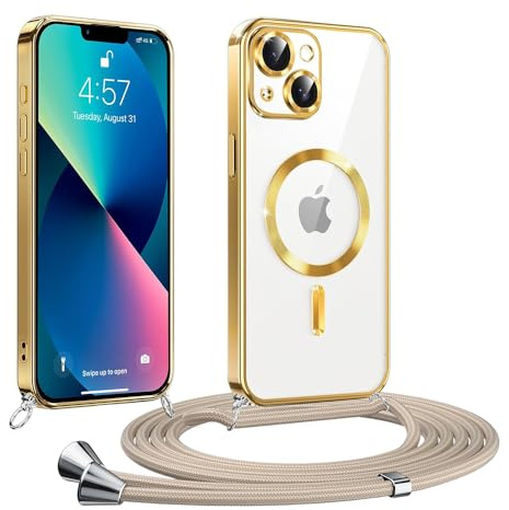 Magnetische Handyband kompatibel iPhone 13/iPhone 14 Hülle mit Band, Gold | Kompatibel mit MagSafe, CaseLover Transparent Silikon, Handyhülle mit Abnehmbar Kordel zum Umhängen, Stossfest Schutzhülle