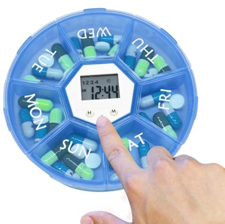 Fyrdyn Pill Case,7-Fach Tablettenbox Mit Timer | Runde Aufbewahrungsdose Mit Morgen Mittag Abend Fächern Für Beruf Reise Zuhause