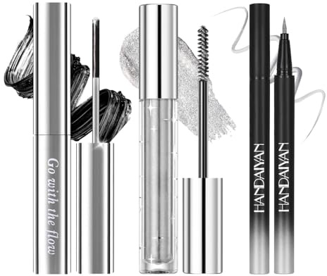 Prreal 3PCS Mascaras & Eyeliner Set,Metal Mascara Black,Glitter Mascara,01 | Liquid Metallic Eyeliner,Super Curling Volumizing Diamond for Eyelashes,Waterproof for Party Festival Eye Makeup, Sliver