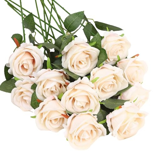 12 Pezzi Rose Rosse Finte per Decorazioni Bouquet Fiori Finti di Rosa | con Steli Lunghi Rose Finte Realistiche per Matrimoni Feste Decorazioni Interni sterni 50x6cm (Champagne)
