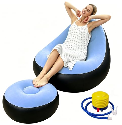 Shyllin Divano ad aria da campeggio con poggiapiedi, portatile, floccato, gonfiabile, poltrona gonfiabile, poltrona da piscina, airlounge, pouf per esterni, per campeggio, casa (2, azzurro chiaro, 1