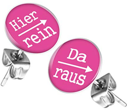 Mianova Ohrstecker Studs Buttons Silber Platte mit Spruch Hier rein, Da raus - 12mm in Pink