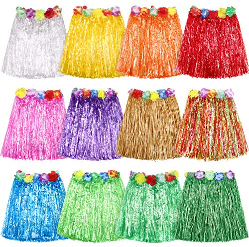 Shappy Lot de 12 jupes hawaïennes Luau en soie vert hibiscus pour fêtes costumées, anniversaires, célébrations