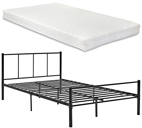 [en.casa] Metallbett mit Matratze Laos Stahlbett Gästebett Schlafzimmerbett Stahlramen mit Kaltschaummatratze 120x200 cm Schwarz