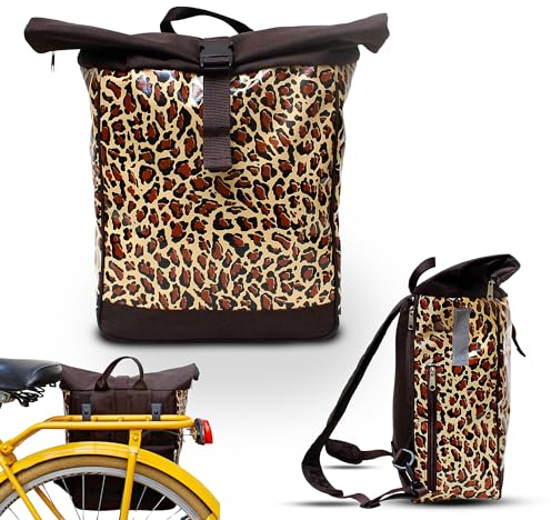 Ikuri Fahrradtasche/Rucksack Kombi Fahrradrucksack aus Wachstuch für Gepäckträger Packtasche Wasserdicht für Frauen - Model Leopard