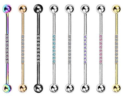 Piercingfaktor Piercing Hantel Barbell Industrial Ohr Cartilage Helix Tragus Intim Brust Stab Knorpel Langhantel mit Glitzer Kristallen Rainbow Clear