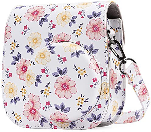 Frankmate Housse pour Fujifilm Instax Mini 11/9/8/8 + Appareil Photo Instantané - Sac de Caméra en Cuir Voyage Caméra Cover Case Sac avec bandoulière Amovible (Flowers White)
