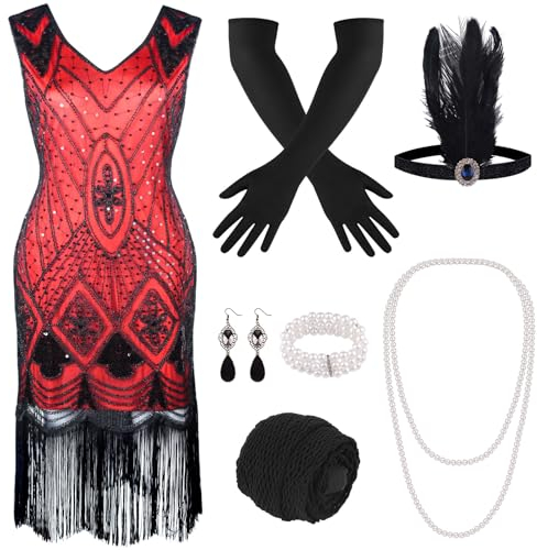 PLULON 1920er Jahre Pailletten Perlen Fransen Flapper Kleid mit 20er Jahre Accessoires Set (Rot
