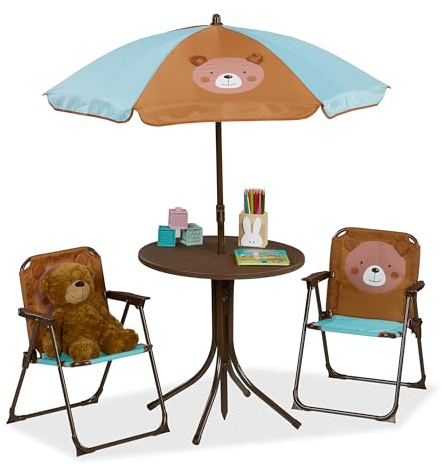 Relaxdays Camping Kindersitzgruppe, Bär Motiv, Kindersitzgarnitur mit Sonnenschirm, Klappstühlen & Tisch, Garten, braun