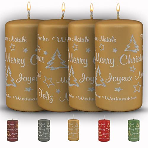 WIKAKERZEN Weihnachtskerze für Adventskranz - 4er Set 13x7cm -Merry Christmas - Glitzer Stumpenkerze aus hochwertigem Paraffinwachs mit Baumwolldocht - Adventskerze RAL zertifiziert (Caramel)