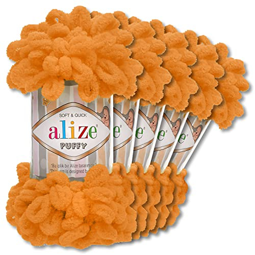 Wohnkult Alize 5 x 100 g Puffy Wolle Chenille Schlaufenwolle Häkeln und Stricken ohne Hilfsmittel Kleidung Accesoire Decken Teppiche (336 | Orange)