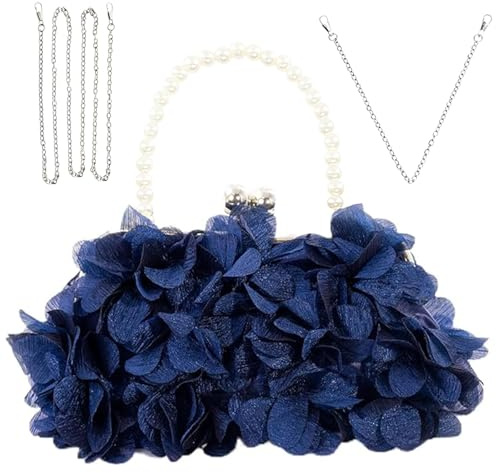JAMBHALA Women Elegant Evening Purse, Small Floral Clutch Bag with Detachable Chain for Wedding, Party, Prom (Navy blue)