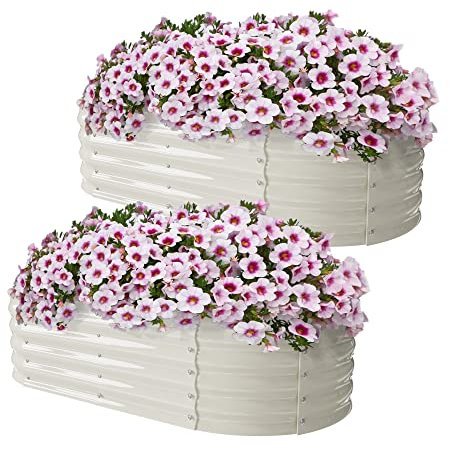 Sundale Outdoor Set di 2 vasi da giardino con alzata galvanizzata, 1,2 x 0,6 x 0,3 m, per esterni con vernice antiruggine, scatola ovale in metallo per fiori di verdure (beige)
