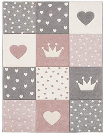 TT Home Kinderteppich Teppich Kinderzimmer Mädchen Kinder 3D Prinzessin Sterne Krone, Farbe:Grau Rosa Creme, Größe:133 cm Quadrat