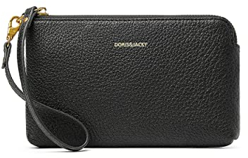 DORIS&JACKY Clutch aus Ziegenleder, mit Handgelenk, niedlich, klein, mit Riemen, Version 2, schwarz, Clutch mit Handgelenk