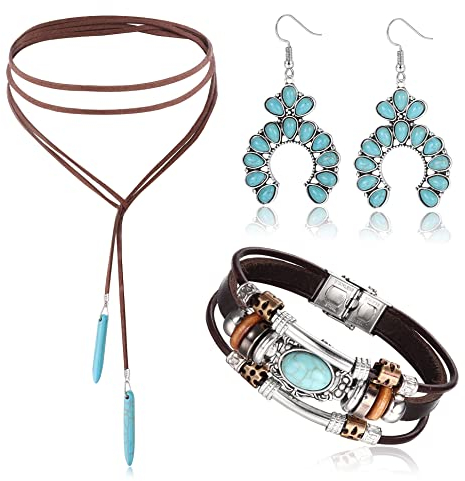 JeweBella Boho Schmuck Set Damen Vintage Bohemian Türkis Anhänger Halskette Boho Türkis Anhänger Ohrringe Türkis Armband Manschette Indianer Schmuck Vintage Türkis Schmuck Boho Weste Schmuck Damen