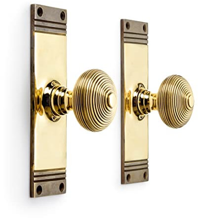 AB Hardware Solid Brass Beehive Door Knobs On Backplate Mortice Reeded Pair Set (Aged Brass)