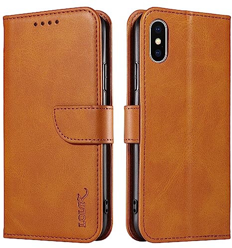 LOLFZ Wallet Case for iPhone X/XS - Vintage Leather Book Case with Card Holder Kickstand Magnetic Closure Flip Case Cover - Light Brown