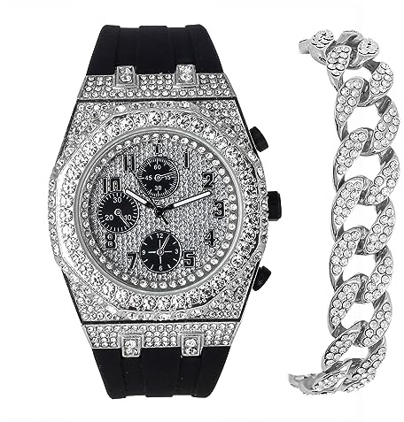 ICE STAR Ensemble montre et bracelet de luxe pour homme 43 mm en forme de octogone avec diamant glacé – Bracelet en silicone, ARGENT-NOIR AVEC BRACELET, mens-standard, Iced Out