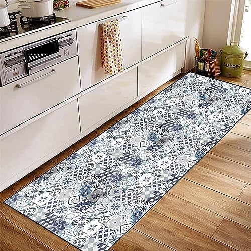 Siunwdiy Kücheteppich Lang Teppich Läufer Flur 100x500cm Grau und blau Marokkanischer Kücheläufer rutschfest Meterware Teppichläufer Waschbar Kurzflor Korridor Schlafzimmer, Anpassbar Breite 40-140cm