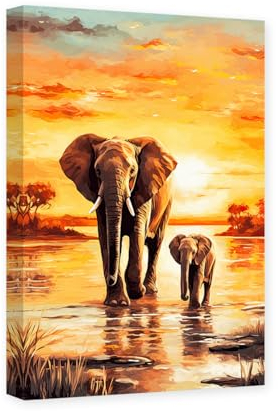 CCWACPP Elefanten-Mama und Baby-Leinwandkunst, Tierbilder, Wanddekoration, Wildtier-Poster, Ölgemälde-Stil, Kunstwerk, Dekorrahmen