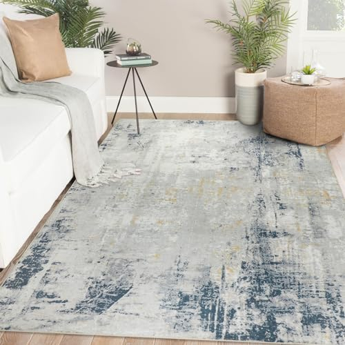 Famibay Teppich Wohnzimmer Moderner Teppich Schlafzimmer Kurzflor 120x170cm Teppiche Waschbar rutschfest Bodenteppich für Wohnzimmer Schlafzimmer Esszimmer (Beige Blau, 120x170cm)