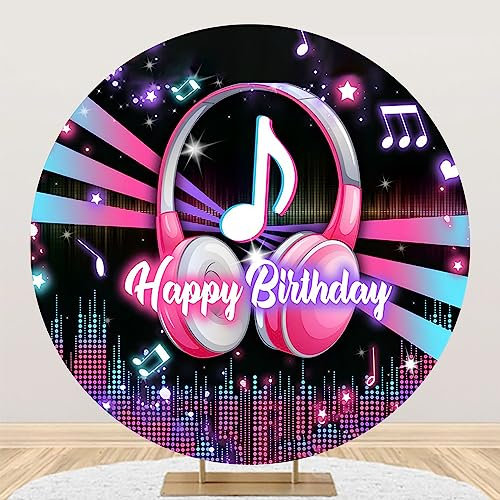 MIRRORANG Diámetro 2,2m Redondo Feliz Cumpleaños Telón de Fondo Música Tema Auriculares Disco Luz de Neón Escenario Fotografía Fondo Fiesta de Cumpleaños Estudio Foto Props, Poliéster