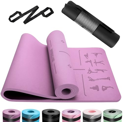OUTDOUSE Yoga Matte, TPE 6mm Dicke Hautfreundliche Yogamatte Rutschfest Gymnastikmatte Pilates Gymnastik Meditation Stretching mit Trageriemen Home Workout Sportmatte 183x61cm Lila