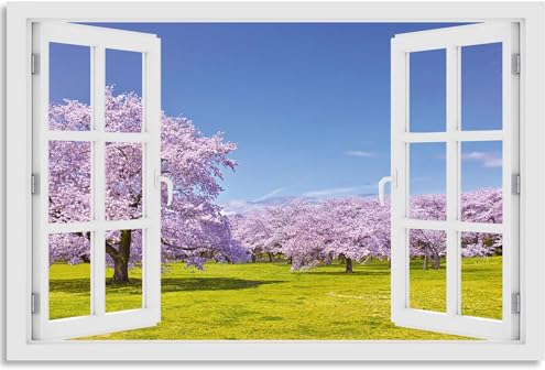 timalo Wandbild Outdoor wetterfeste Bilder für draußen | Gartenbilder Innen & Außen | Landschaftsbilder Acryl Glas Fensterblick Effekt | 100x50cm Natur Feld Kirschblüte