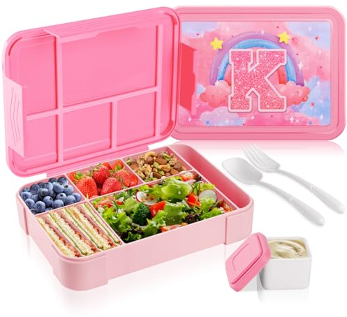 Lunch Box Kids, Cute 1330ml Bento Lunch Box with 5 Compartments, Leakproof Bento Boxes with Sauce Box&Cutlery for Girls, BPA Free Snack Box Toddler Lunchbox for Kids Preschool/Kindergarten/Nursey